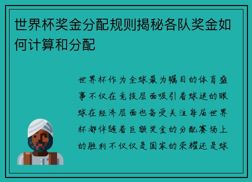 世界杯奖金分配规则揭秘各队奖金如何计算和分配